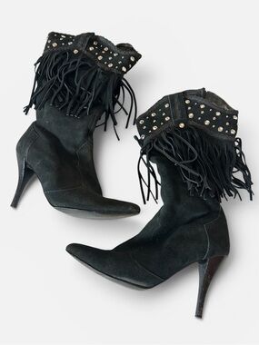 Y2K Colin Stuart Black Suede Fringe Studded High Heel Boots Size 7.5 Heel 4 In.